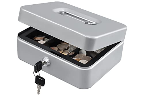 KYODOLED Medium Cash Box with Money Tray,Small Safe Lock Box with Key,Cash Drawer,7.87"x 6.30"x 3.54" Lightgrey Medium - color: Lightgrey, size: Medium