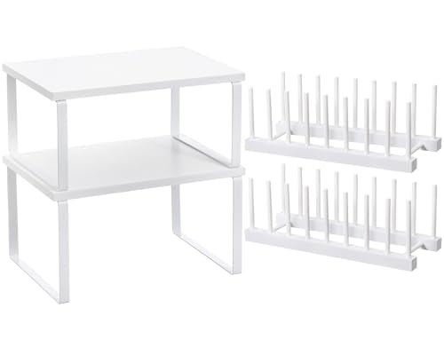 Marsui 4 Pcs Kitchen Organizer Accessories Set Cabinet Organizer Shelf and Bamboo Dish Drying Plate Rack Counter Shelves Storage Holder for Spice Rack, Dish, Pot Lid, Bowl, Cup (White) - color: White
