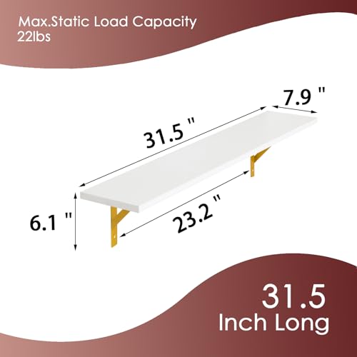 DINZI LVJ Long Wall Shelves, Set of 4, 31.5Inch Wall Mounted Shelves, Floating Shelves for Wall Storage with Metal Brackets, for Living Room, Bathroom, Bedroom, Kitchen, White and Gold - color: White+gold, size: 31.5 Inch (4 Pack)