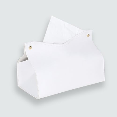 1PCS PU Leather Tissue Box Cover, Rectangle Facial Paper Organizer Dispenser, Modern Tissue Case Holder for Vanity Countertop Nightstands Living Room Office Desk Car (White) - color: White