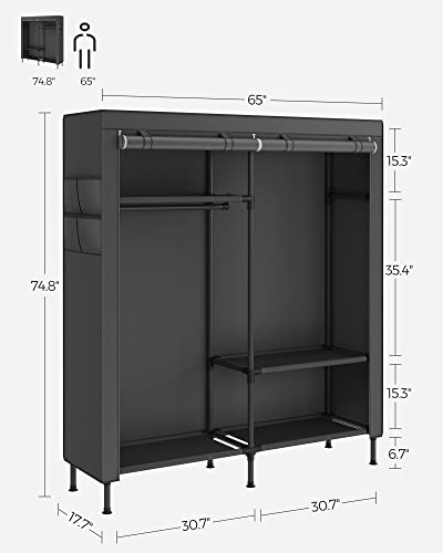 SONGMICS Wardrobe Closet, 65 Inch Heavy Duty Portable Closet, Freestanding Closet Organizer, Clothes Rack with Cover, 2 Hanging Rails, 3 Shelves,4 Side Pockets,Black URDR301B02