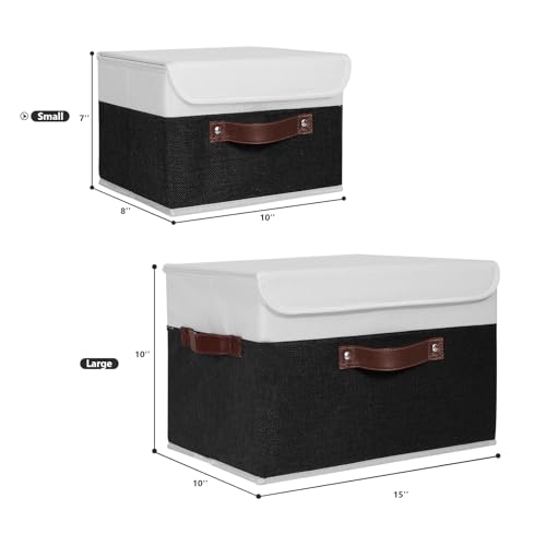 ANMINY Storage Boxes with Lids Washable Decorative Storage Bins Basket with PU Leather Handle Foldable Linen Fabric Storage Cubes Containers for Home Closet Organizer - Black White, Small Size - color: Black White, size: Small (Pack of 1)