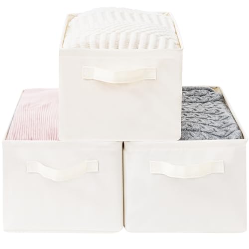 Storage Basket Bins with Metal Frame, Large Collapsible Fabric Storage Baskets for Organizing Shelf, Basket Organizer W/Handles for Blankets, Towels, Laundry, Shelves, 3-Pack, Beige - color: Beige, size: 3 PACK