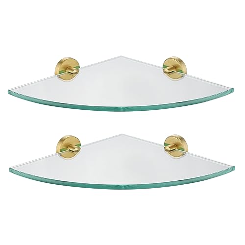 JQK Corner Glass Shelf, Brushed Gold Bathroom 304 Stainless Steel Shower Triangle Floating Wall Shelf, 10 x 10 Tempered Glass, 2 Pack TGS190L10-BG-P2 - color: Gold, size: 2 Pack