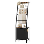 MAHANCRIS Blanket Ladder, 4-Tier Towel Rack with Pull-Out Laundry Basket & Removable Hooks, Ladder Shelf Stand, Wall-Leaning Blanket Rack for Living Room, Bedroom, Rustic Brown and Black TRHR4401