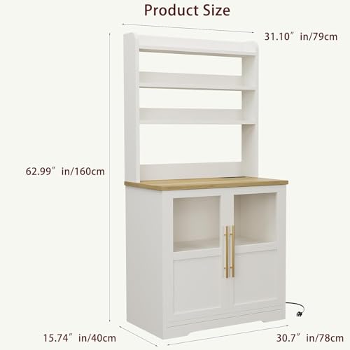 IDEALHOUSE Bakers Rack With Storage Cabinet, Microwave Stand With Power Outlets, Farmhouse Bakers Rack With Thick Table Top, Small Kitchen Pantry for Kitchen,Dining Room,White & Peer Wood - color: White & Peer Wood, size: with 2 Glass Door