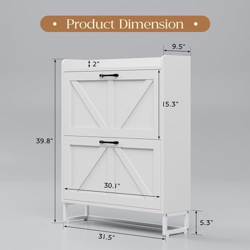 MU Shoe Storage Cabinet for Entryway, Hidden Shoe Cabinet with 2 Flip Drawers, Narrow Shoe Organizer Shoe Rack Cabinet with Metal Legs, White - color: White, size: 2 Drawers