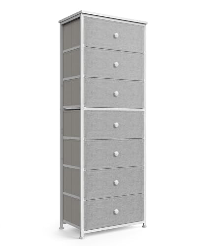 Mifuro Tall Fabric Dresser for Bedroom, Vertical Storage Organizer Tower with 7 Drawers, Chest of Drawers with Bins, Steel Frame, Wood Top for Bedroom, Closet, Entryway Light Grey - color: Light Grey, size: 7 Large Drawers