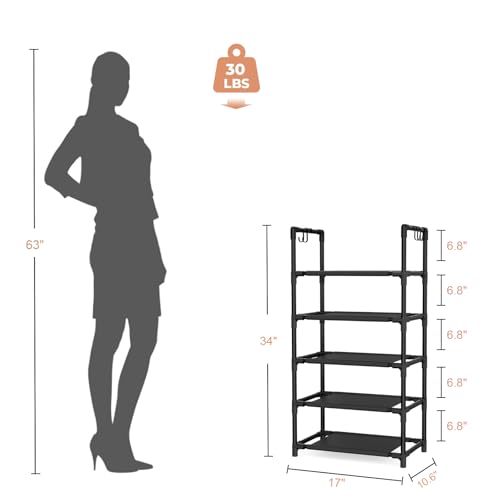 LANTEFUL 5 Tiers Shoe Rack 12-15 Pairs Boots Organizer Storage Sturdy Narrow Shoe Shelf for Entryway, Closets with Hooks, Black - color: Black, size: 5 Tier-34" High-17" Wide
