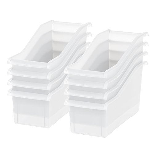 IRIS USA Plastic Book Bin Magazine Holder, 8-Pack, Vertical Standing Connecting Container Box for Office Dorm Study Homework Binder Notebook File Craft Stationery Supplies Organizer Caddy, Clear - style: Clear L - 8 Pack
