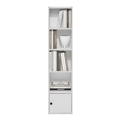 Furinno LUDER Book Shelf, 5-Tier Modern Bookshelf, Bookcase with 1 Door Storage Cabinet, 9.3 x 12 x 52, for Organization and Storage, for Living Room, Bedroom, Home Office, White - color: White, size: 5-Cube with Cabinet