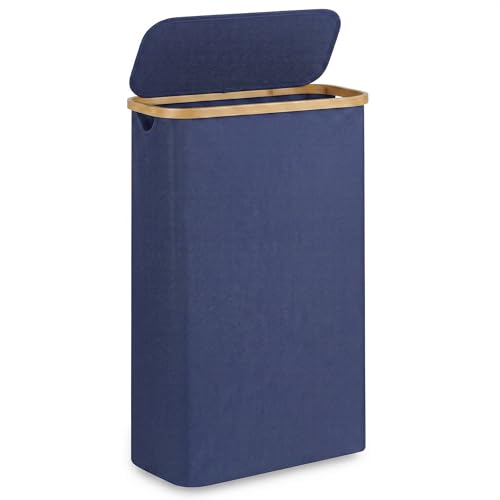 Slim Laundry Basket,60L Laundry Hamper with Lid, Tall Hamper for Laundry,Dirty Cloth Hamper with Bamboo Handle for Toys,Towels, Clothes Organizing, Navy Blue - color: Blue, size: 60L Slim