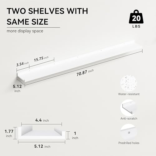 Boswillon 70.9 Inches Long Floating Shelves, 2 Set White Wall Shelf for Bedroom, Nursery Book Shelf with Lip, Picture Ledge Shelf for Wall Decor Living Room Bathroom Kitchen - color: White, size: 70.9 In