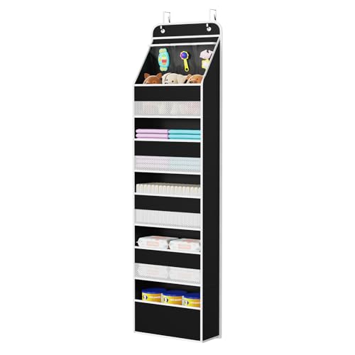 Univivi 6-Shelf Over Door Hanging Organizer Fabric Baby Door Storage with 5 Large Pockets and 3 Small PVC Pockets Wall Mount Hanging Storage Organizers for Baby Essential (Black) - color: Black, size: 6 LAYER