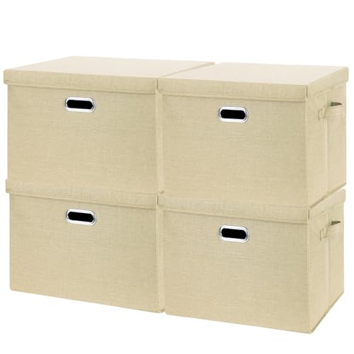 SNWDN 4 Pack Collapsible Fabric Storage Bins with Lids Fabric storage box with lids for closet organizers and storage (Beige 14.6x10.6x10.2 inches) - color: Beige, size: Medium（4-Pack 14.6*10.6*10.2 Inches）