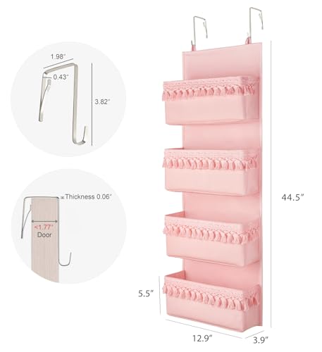 Dahey Over The Door Organizer Boho Nursery Storage Decor Closet Hanging Organizer with Tassels Decoration for Bedroom Nursery Bathroom Apartments Dorm Pantry, 4 Pockets, Pink - color: Pink, size: Medium