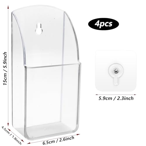 4 PCS Plastic Remote Control Holder Clear Wall Mount Media Organizer Single Compartment Pen Holder for Wall Pencil Holder TV Remote Holder Wall Mount Storage Box for File Makeup Marker Brush Phone