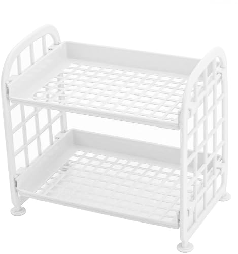 UnnFiko 2-Layers Table Shelf Organizer, Adjustable Plastic Storage Rack Shelf Square Basket Desk Stand Table Storage Organizer Shelves (White) - color: White