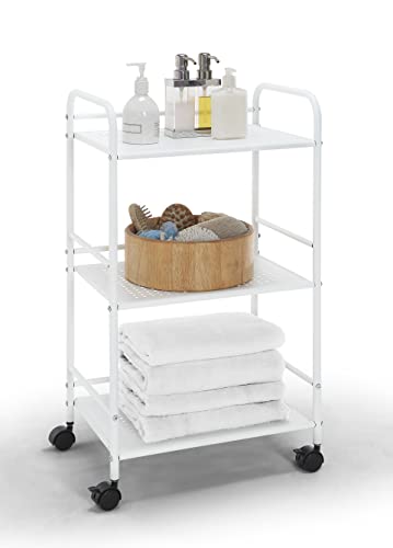 SunnyPoint 3-Tier Rolling Utility Cart – Metal Storage Organizer with Wheels, Mobile Kitchen Cart, Office & Home Organizer, White, 12" D x 16.92" W x 31.1" H - color: Wht