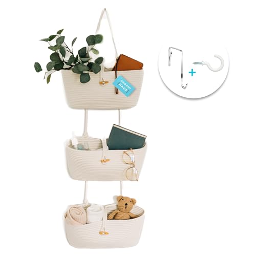 OrganiHaus White 3-Tier Wall Hanging Baskets for Organizing, Hanging Storage Basket, Over the Door Basket Organizer, Wall Mounted Basket for Nursery Organization, Hanging Baskets for Nursery Decor - color: Full Off-white