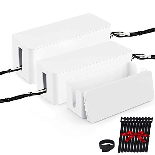 [Set of Three] Cable Management Boxes Organizer, Large Storage Wires Keeper Holder for Desk, TV, Computer, USB Hub, System to Cover and Hide & Power Strips & Cords (Ice White) - color: White
