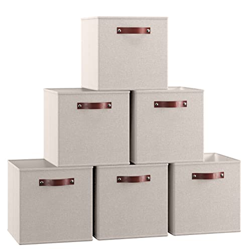 Ornavo Home 13 x 13 Storage Cube Bins, Foldable Collapsible Fabric Storage Bins Box Linen Shelf Basket Cube Organizer for Closet with Leather Handles, 6 Pack, Beige - color: Beige, size: Cube - 13 x 13 x 13