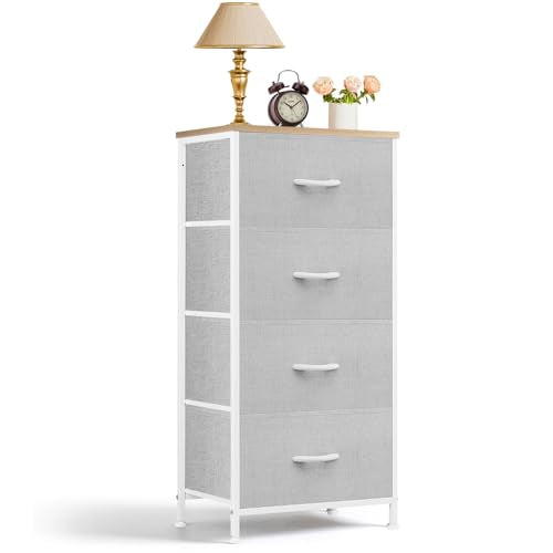 Nightstand, 4 Drawer Dresser End Table Bedside Furniture with Wooden Top Steel Frame Fabric Bins for Bedroom, Closet, Entryway, Dorm, Living Room, Light Gray - color: Light Gray, size: 11.8"D x 17.7"W x 37.4"H (4 Drawers)