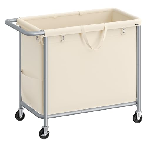 SONGMICS Laundry Basket with Wheels, Rolling Laundry Hamper, 47.5 Gallons (180 L), Removable Liner, Steel Frame with Handle, 31.5 x 15.4 x 31.9 Inches, Cream White URLS011W01 - color: Cream White, size: 180 L (1-Section), style: Rectangular with handle