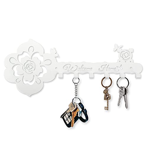 Deveosa Key Hooks Holder for Wall Decorative - Small White Entryway Welcome Home Sign Key Hanging Hangers Wall Mounted Racks - color: White Rose