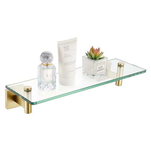 KOKOSIRI Wall Shelves Floating Shelf 12'' Stainless Steel Bathroom Hardware Tempered Glass Small Hanging Rack for Storage/Room Decor Gold B1105BG-L12 - color: Brushed Gold, size: 12-Inch