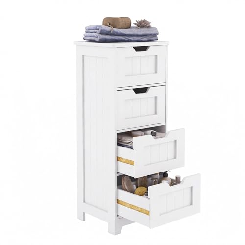 Casaphoria Skinny Bathroom Floor Storage Cabinet, 4-Drawer Narrow Freestanding Tower Cabinet with Anti-Tip Kit, Space-Saving Wooden Organizer for Small Spaces, White - size: 11.81"L×11.81"W×32.68"H