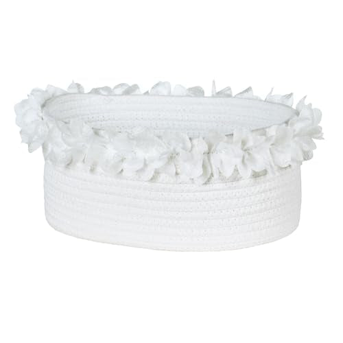 Yimi's Dream Cotton Rope Gift Basket – White Woven Gift Basket with Lace, Decorative Organizer for Baby Shower, Housewarming, Nursery, Toys, Socks, Diapers, Christmas, Holiday Gifts - color: white with lace, size: Oval - 12"x8"x5"