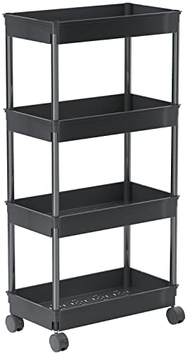 Sooyee 4 Tier Wide Storage Cart Mobile Shelving Unit Organizer Slide Out Storage Rolling Utility Cart Tower Rack for Kitchen Bathroom Laundry, Plastic & Stainless Steel,Black - color: Black, size: Wide