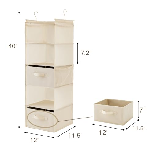 MAX Houser 5 Tier Shelf Hanging Closet Organizer, Cloth Hanging Shelf with 2 Sturdy Hooks for Storage, Foldable (Beige-D2) - color: Beige