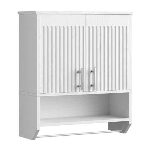 HOOBRO Fluted Bathroom Wall Cabinet, Farmhouse Medicine Cabinet with 2 Fluted Doors, Wall Storage Shelf with Towel Rack, Adjustable Shelf, for Small Spaces, Bathroom, Kitchen, White - color: White, size: 15.7"L x 7.9"W x 22.4"H