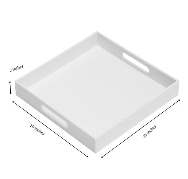 KEVLANG Glossy White Sturdy Acrylic Serving Tray with Handles-10x10Inch-Serving Coffee,Appetizer,Breakfast,Butler-Kitchen Countertop-Makeup Drawer Organizer-Vanity Table,Ottoman Tray-Decorative Tray - color: Glossy White, size: 10" x 10" x 2"