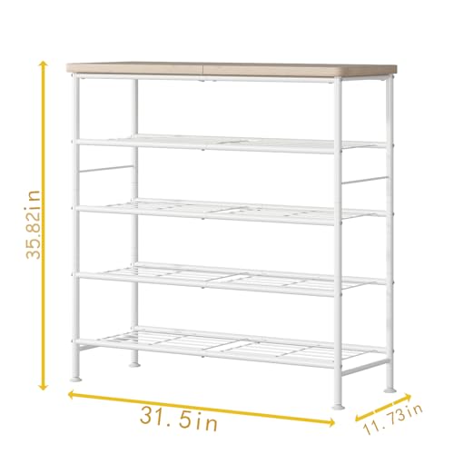 SUOERNUO Shoe Rack Organizer 5 Tier for Closet Entryway Free Standing Metal Storage Shoe Shelf with MDF Top Board，White+Oak - color: White+oak, size: Standard 5 Tier