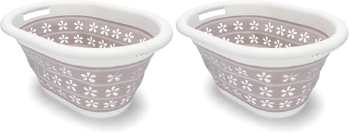 Camco Collapsible Laundry Basket | Features Simple Pop-Open & Collapse-Down Design | Waterproof for Easy Clean-Up | Measures 14.5” x 19.75” x 2.5”/10” Collapsed/Expanded, Taupe & White (51951) - size: 10 inches tall expanded (Pack of 2)