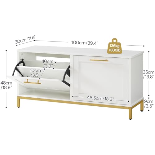 HOOBRO Shoe Bench with Storage, Shoe Storage Bench with 2 Flip Drawers, 39.4" Shoe Cabinet with Bench, Hidden Shoe Rack Organizer for Entryway, Foyer, Hallway, White and Gold DW48HX01 - color: White + Gold