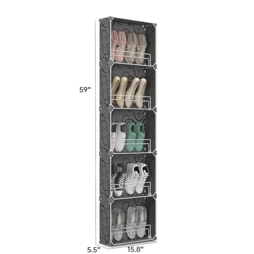 MAGINELS 5 Tier Shoe Rack Organizer with Cover, Slim Shoe Storage Cabinet, Behind The Door, Narrow Shoe Shelf for Closet, entryway, Black - color: Black, size: 10 pair