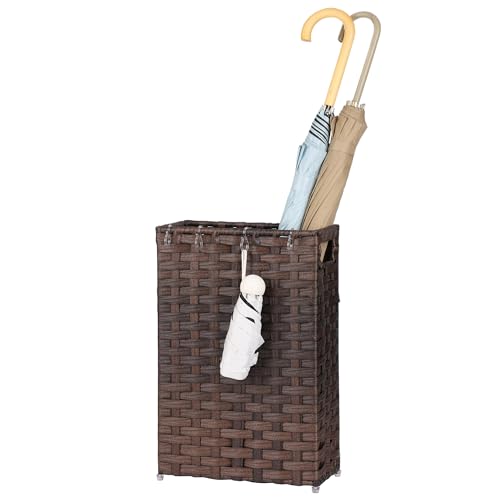 Rattan Umbrella Stand, Umbrella Holder for Entryway, Hand Woven Umbrella Rack Organizer Freestanding, with a Detachable Drip Tray, 4 Hooks, 11.8" L x 5.5" W x 16.5" H - color: Brown, size: M(11.8" L x 5.5" W)