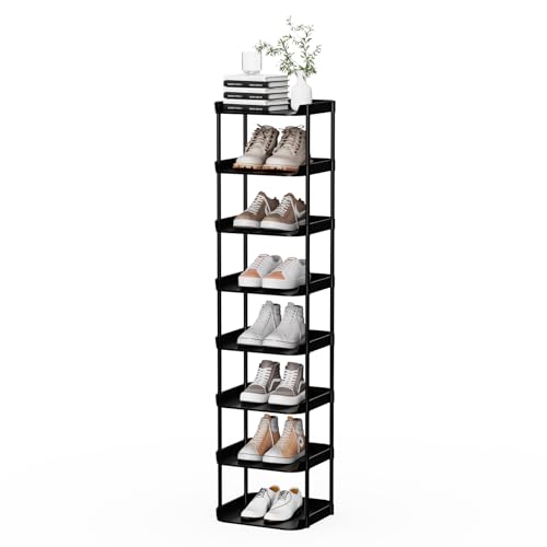 8 Tier Vertical Narrow Shoe Rack, Stackable Tall Skinny Shoerack, Compact Single Shoes Storage Tower for Slim Space, Corner Plastic Shelves, for Hallways, Entryway, Bedrooms Organizer, Black - color: Black, size: 8 tier