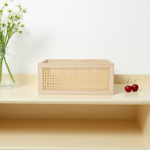 Rattan Storage Basket Wooden Box Wooden Storage Bins Rustic Boho Farmhouse Home Decor Tabletop Desk Shelf Organizer (Original)