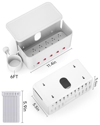 Surge Protector Power Strip with Cable Management Box,Cord Organizer Box with 10 Outlets and 3 USB Ports,Individual Switches,6 ft Flat Plug Extension Cord,Under-Desk and Desk Wire Storage Hider,White