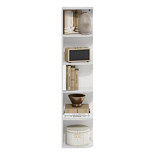 Furinno PASIR Book Shelf, 5-Tier Corner Bookshelf with Open Shelf, Standing Bookcase, 9.3 x 12 x 51.7, for Organization and Storage, for Living Room, Bedroom, Home Office, White - color: White, size: 5-Tier Corner