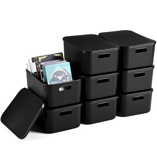 Hoolerry 8 Pieces Colorful Storage Bins with Lid, Plastic Storage Basket Organizing Container Stackable Box with Handle for Shelves Desktop Playroom Office(13.8 x 9.8 x 5.9 Inch,Black) - color: Black, size: 13.8 x 9.8 x 5.9 Inch