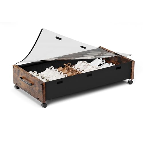 KITHELP Wooden Under Bed Storage with Wheels, Rolling Under the Bed Storage Bins with Removable Lid, Metal Under Bed Drawers for Clothes and Shoes in Bedroom or Living Room(Vintage Brown-1pack) - color: Vintage Brown-1pack