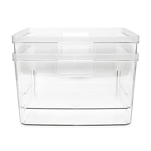 Isaac Jacobs 2-Pack Square Clear Storage Bins (10” L x 10” W x 6.1” H) w/Cutout Handles, Plastic Organizer for Home, Office, Kitchen, Fridge/Freezer, Bathroom, BPA Free, Food Safe (2-Pack, Square) - size: Square