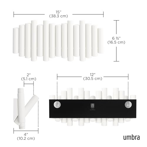 Umbra Picket Wall-Mounted Coat Rack Rail Hook with 5 Retractable Wood Pegs – Modern, Space-Saving Storage Organizer, White - color: White, size: 5-Hook