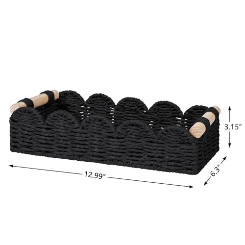 CubesLand Toilet Paper Storage Basket Organizer, Small Wicker Toilet Tank Top Decorative Baskets for Countertop, Handwoven Scalloped Basket w/handle for Home Decor, Living Room, Bedroom, Black - color: Black, size: S - 12.99"L x 6.3"W x 3.15"H